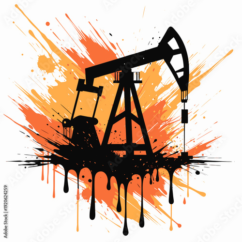 Silhouette of industrial fuel pump jack with creative orange paint splatter and black liquid drips, energy resource extraction and heavy industry concept
