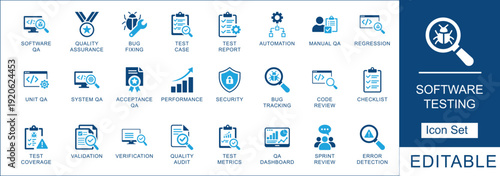  software testing icon set. Vector symbols for bug tracking, automation, performance, security, and manual QA process for web and app development.