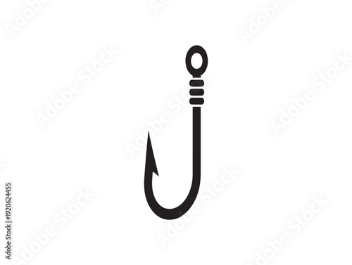 A black fishing hook on a white background