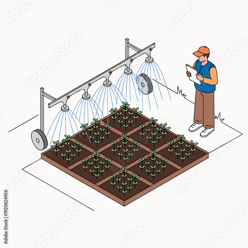 Smart farming technology with automated irrigation system and digital monitoring, isometric farmer controlling crop watering process flat art