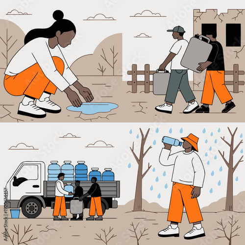 Humanitarian aid for water scarcity crisis in drought affected region, people collecting clean hydration resources in arid landscape flat art