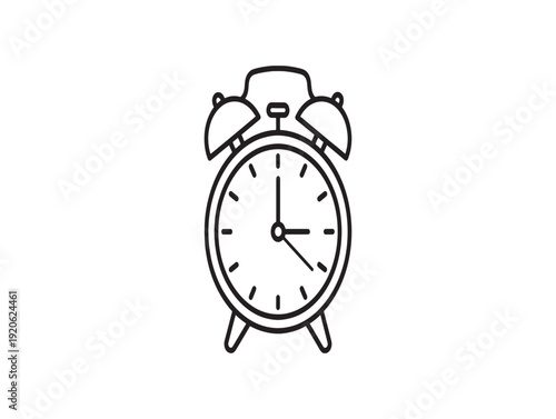 A simple line drawing of an analog alarm clock with two bells on top