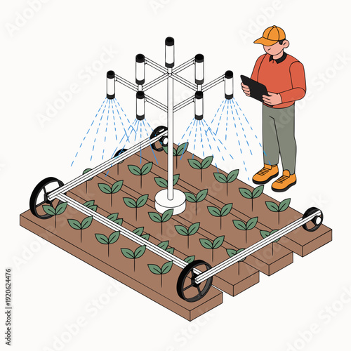 Modern farmer monitoring automated irrigation system with digital tablet, isometric smart agriculture technology and crop cultivation flat art