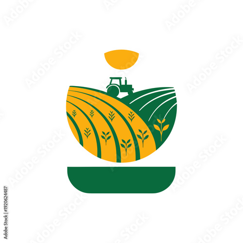 Modern tractor cultivation in rolling green and yellow farm fields, agricultural harvest and sustainable food production industry icon