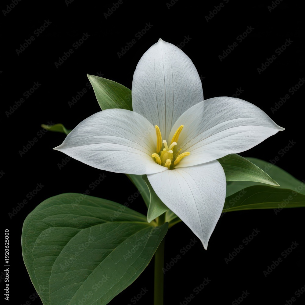 Fototapeta premium Close-up isolated shot of a pristine white trillium bloom, highlighting the detailed texture and delicate structure of the petals, environment, stamen, pristine