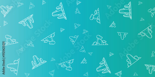 Seamless abstract background pattern of stylized snow capped mountains in white outline on a blue-green gradient