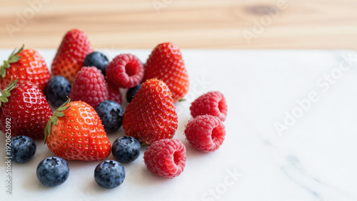 Wallpaper Mural Fresh strawberries and blueberries artfully arranged on a white marble surface. Bright, vibrant colors create a visually appealing, appetizing composition with shallow depth of field. Torontodigital.ca
