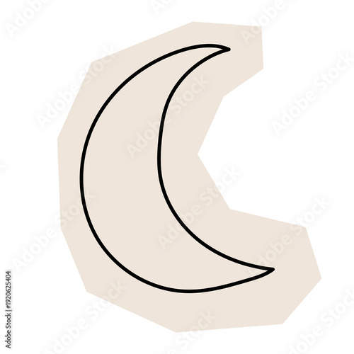 Paper Cut Out Moon Sketch Icon. Abstract Night Star Stroke Application Form. Old Monochrome Graphic Pint Texture. Abstract Cut Out Imperfect Irregular Shape Decoration Symbol Element. Vintage Style.	