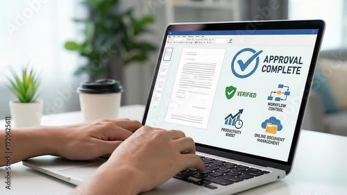 Approval verification document workflow management compliance control on laptop office screen, hands typing, digital form review, secure online process, online file control, business productivity