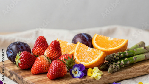 Wallpaper Mural Fresh strawberries, halved oranges, and asparagus arranged on a wooden board. Violets add pops of color. A linen napkin provides a soft backdrop. It evokes a feeling of freshness and natural beauty. Torontodigital.ca
