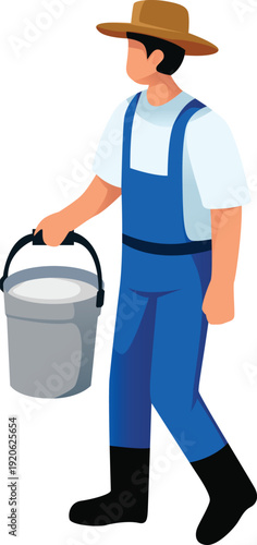 Flat vector illustration of a farmer wearing overalls and straw hat walking while carrying a metal bucket. Isolated on light background.