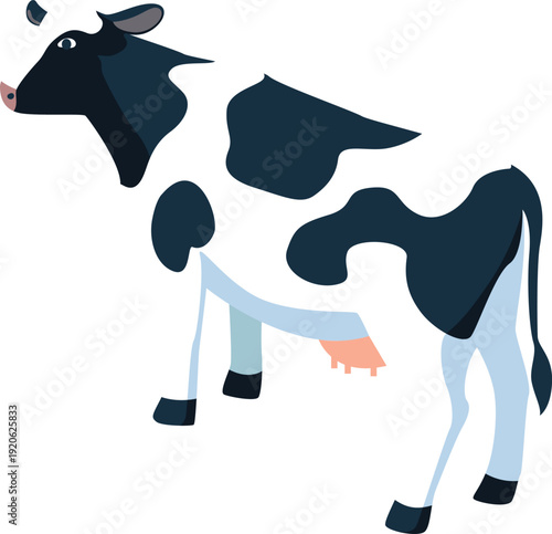 Flat style black and white dairy cow illustration isolated on light background. Ideal for livestock, milk production, agriculture, farming.