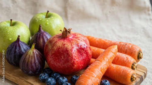 Wallpaper Mural A vibrant still life of a green apple, ripe fig, juicy pomegranate, blueberries, and carrots arranged on a wooden board against a neutral backdrop. A fresh, appealing composition. Torontodigital.ca
