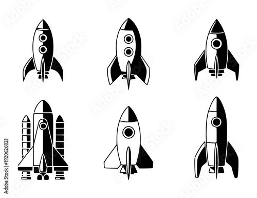 Collection of Black and White Rocket Ship White Background spaceship space