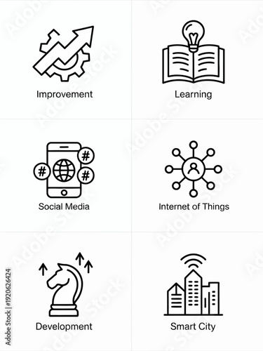 Icons representing various digital and educational technology concepts isolated on white background, Vector, illustration