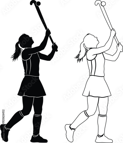 Two athletes demonstrating proper field hockey stance and grip techniques