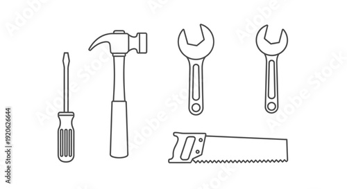 Outlined hand tools hammer saw wrench and screwdriver on white background