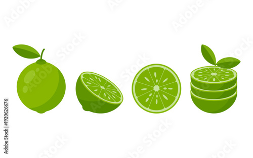Vibrant green limes whole half and sliced stacked with leaves white background fruit