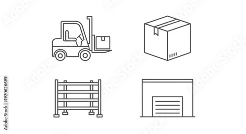 Warehouse logistics icons forklift box rack and building illustrations