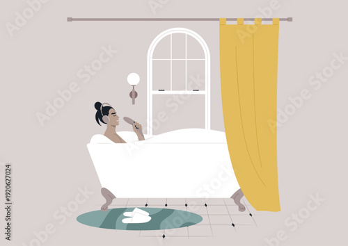 In a cozy bathroom, a person enjoys a blissful moment, singing with delight in a shower head, while soaking in a luxurious bathtub surrounded by soft colors and gentle lighting.