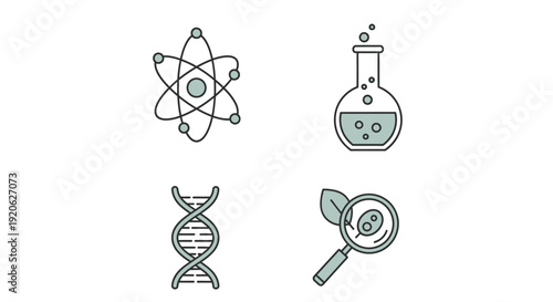 Science and research icons atom flask dna strand and magnifying glass
