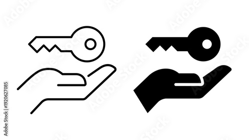 Hand holding a key icon, Key in hand, black and white house key in outline and flat style icons set, editable stroke isolated on white, thin line vector outline illustration.