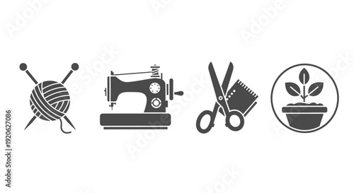 Crafting and gardening icons sewing machine scissors plant and yarn vector illustration