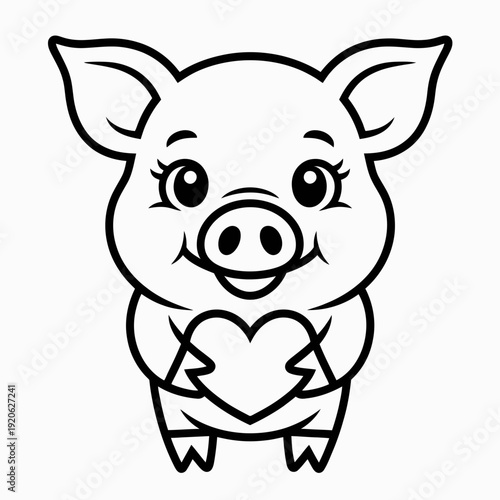 A cute cartoon pig holding a heart with its paws isolated on white background, Vector, illustration