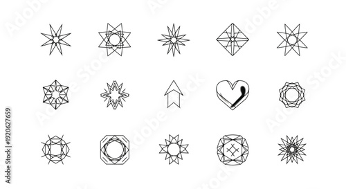 Collection of black and white geometric shapes and icons
