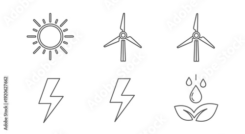 Clean energy icons sun wind turbines lightning bolts and water drop