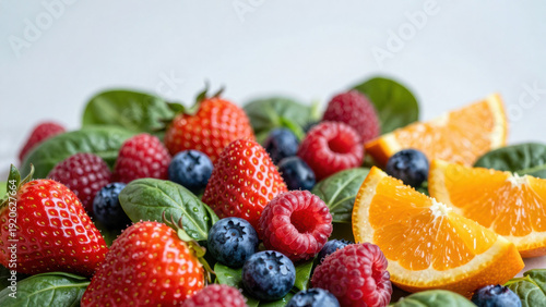 Wallpaper Mural A vibrant mix of fresh strawberries, raspberries, blueberries, and orange slices sits on a bed of lush green leaves. The composition is visually appealing, evoking a sense of sweetness and freshness. Torontodigital.ca