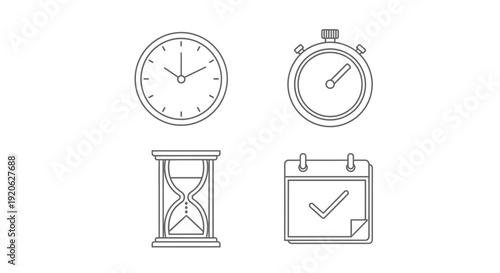 Clock stopwatch hourglass and calendar icons representing time management