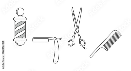 Barber tools illustration featuring barber pole scissors razor and comb