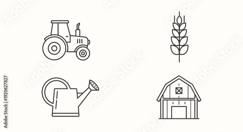 Farm icons tractor wheat watering can and barn illustration