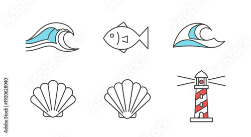 Ocean themed icons waves fish shells and lighthouse designs