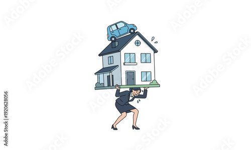 Businesswoman Carrying House and Car Illustrating Financial Burden