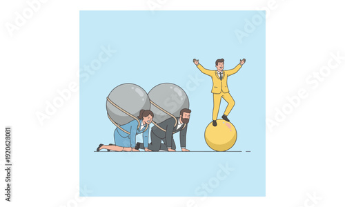 Burdened Employees Carrying Weight, Manager Victorious on Sphere