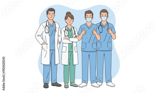 Medical Team Standing, Doctors, Nurses, and Staff Illustration