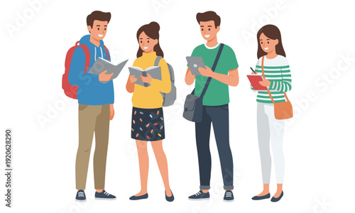 Students studying with books, tablet, and notes