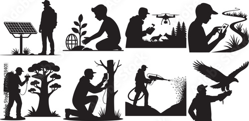 People silhouettes engaging in sustainable and technological outdoor activities