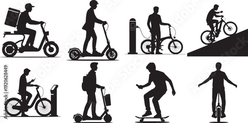 People silhouettes engaging in various electric and sustainable transportation