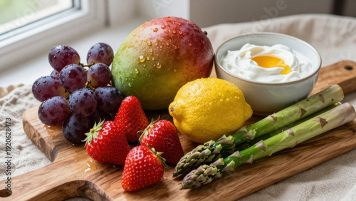 Wallpaper Mural Grapes, asparagus, and a lemon are arranged on a wooden board, next to a bowl of yogurt. The scene highlights fresh, vibrant colors and textures, conveying a sense of wholesome deliciousness. Torontodigital.ca