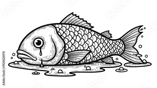 A detailed black-and-white illustration of a fish lying on the ground with tears. The fish's large eye and scales are prominent, conveying a sense of sadness.