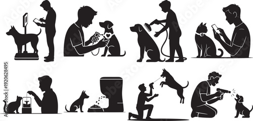 People and pets silhouettes interacting with technology and home items