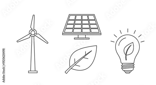 Clean energy sources wind turbine solar panel leaf and light bulb icons