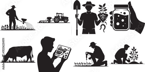 Farmer silhouettes working with tractor and plants in agricultural setting