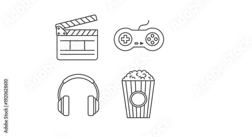 Entertainment icons movie clapper game controller headphones and popcorn