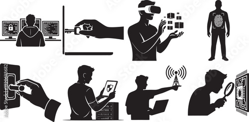 Cybersecurity icons set with hackers data protection and virtual tech