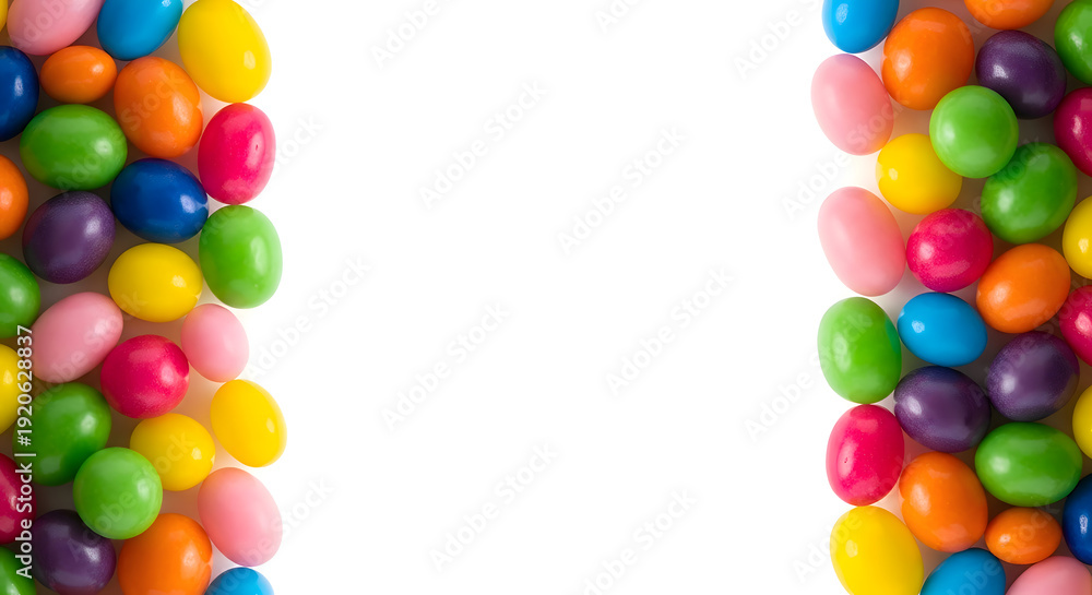 Fototapeta premium Happy easter Assortment of colorful jelly beans arranged on a white background with copy space image photo