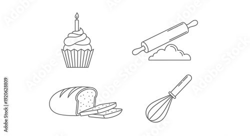 Bakery items illustration cupcake rolling pin bread whisk on white